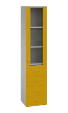 LE - 44 skříň léková prosklená, pravá, korpus šedý, dvířka žlutá odio